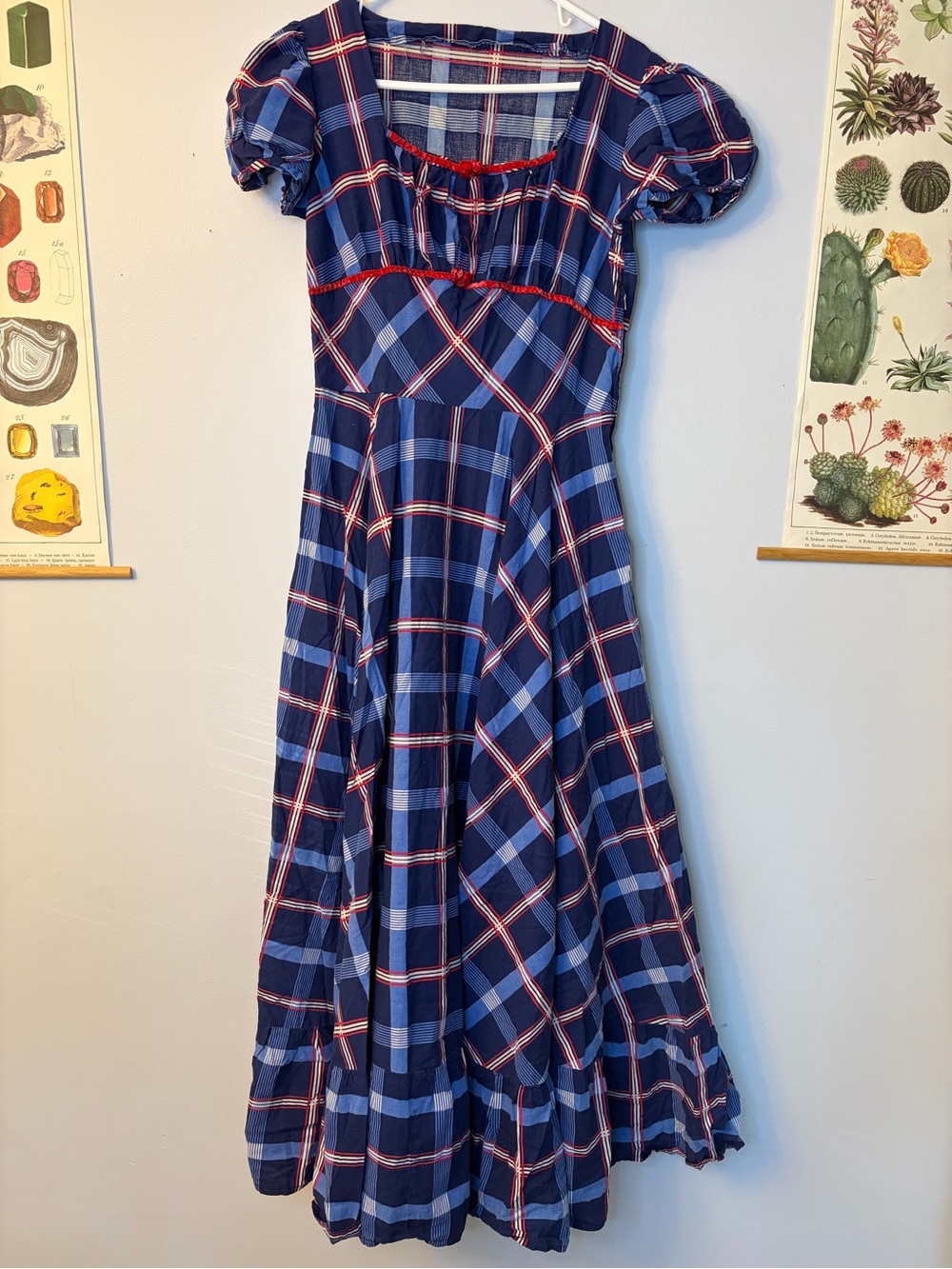 70’s Americana Blue Plaid Maxi Flounce Dress with Red Trim *READ*